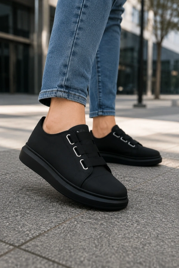 İtehe Cilt Erkek Bağcık Görünümlü Lastikli Günlük Sneaker Ayakkabı - Siyah