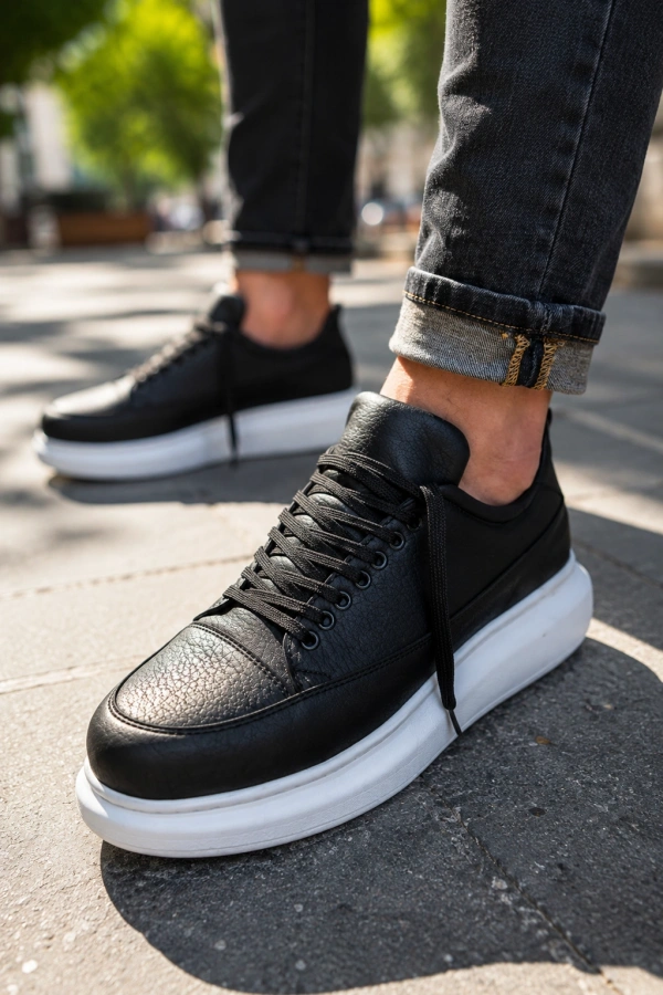 Meverk Cilt Erkek Sneaker Ayakkabı – Kalın Taban Günlük Siyah