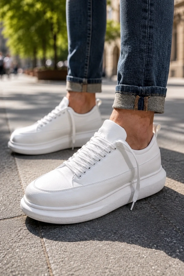 Meverk Cilt Erkek Sneaker Ayakkabı – Kalın Taban Günlük Beyaz