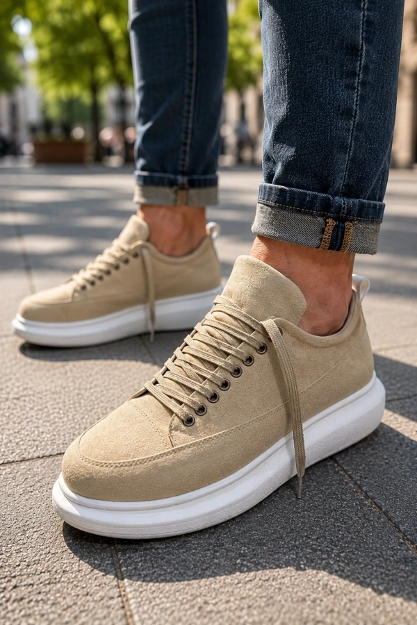 Meverk Süet Erkek Sneaker Ayakkabı – Kalın Taban Günlük Krem