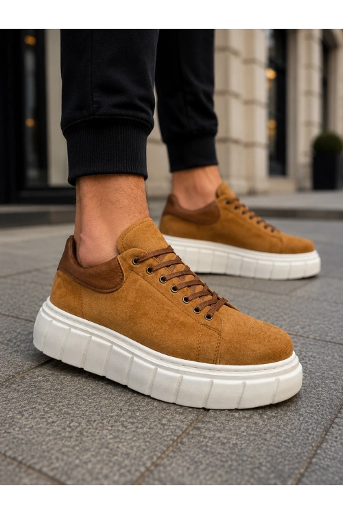 ARES Bağcıklı Süet Erkek Günlük Sneaker Yüksek Taban Ayakkabı - Taba