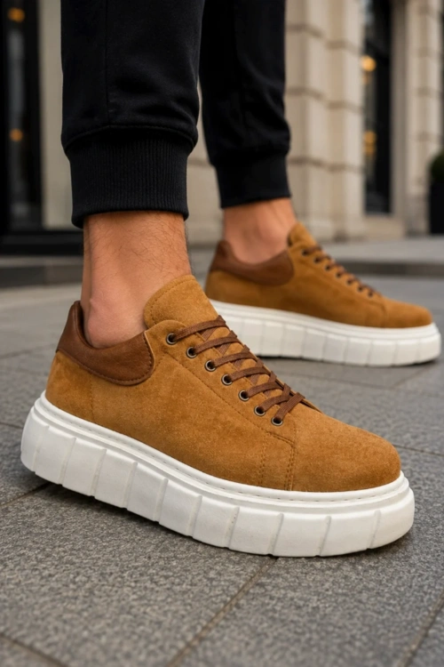 ARES Bağcıklı Süet Erkek Günlük Sneaker Yüksek Taban Ayakkabı - Taba