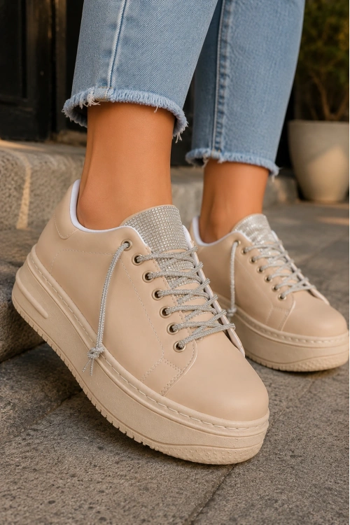 Luna Sim Detaylı Bağcıklı Kadın Günlük Sneaker Ayakkabı - Ten