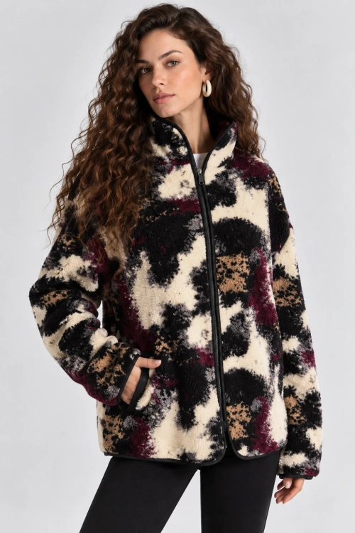 Desenli Dik Yaka Cepli Biyeli Kadın Polar Sweatshirt - Siyah-Antrasit