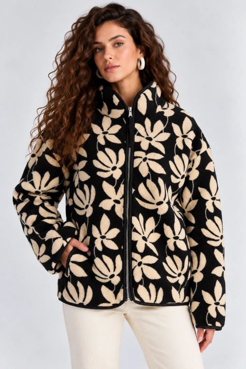Desenli Dik Yaka Cepli Biyeli Kadın Polar Sweatshirt- Siyah-Krem