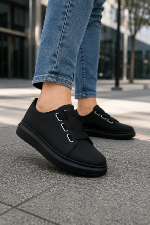 İtehe Cilt Erkek Bağcık Görünümlü Lastikli Günlük Sneaker Ayakkabı - Siyah
