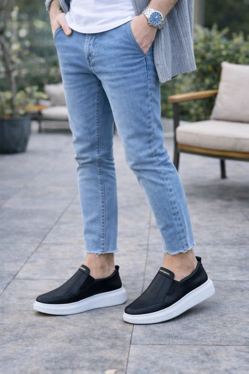 Eseenti Bağcıksız Erkek Günlük Cilt Spor Sneaker Ayakkabı - Siyah