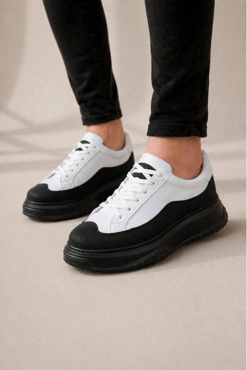 Ventoy Erkek Bağcıklı Cilt Günlük Sneaker Ayakkabı – Beyaz Siyah