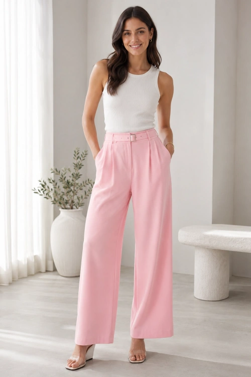 Kadın Çift Pile Detaylı Kemerli Örme Pantolon - Pembe