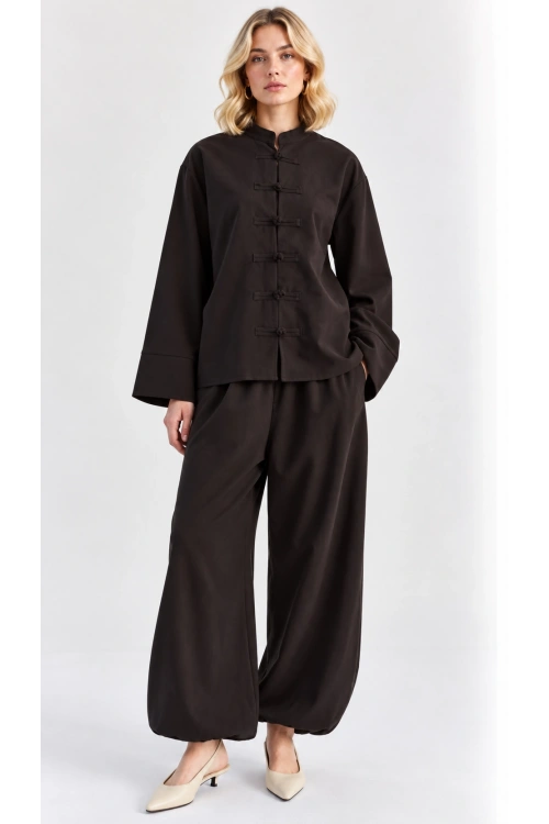 Kadın Çin Düğme Detaylı Oversize Tunik Bluz ve Lastik Paça Takım - Acı Kahve
