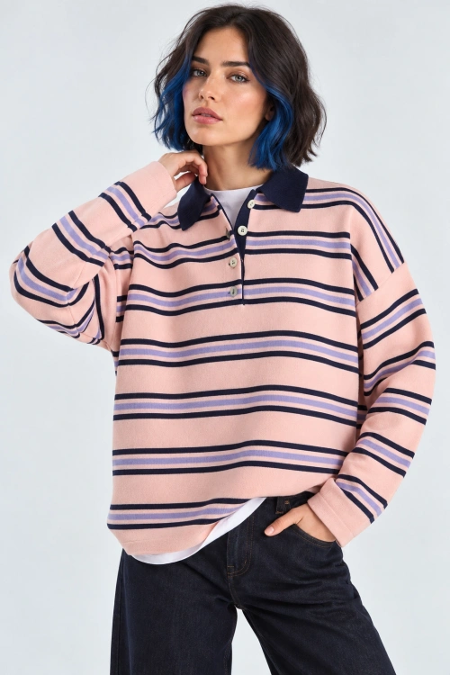 Kadın Çizgili Polo Yaka Basic Triko Kazak - Pembe