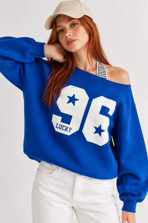 Kadın Lucky 96 Baskılı Kayık Yaka Çift Görünümlü Sweatshirt - Saks