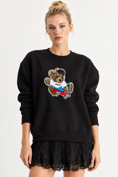 Kadın Oversize Teddy Nakışlı Bisiklet Yaka Salaş Sweatshirt - Siyah