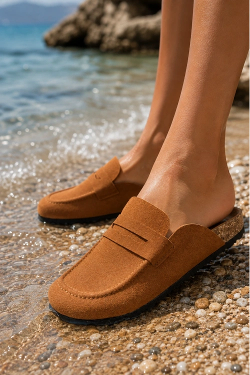 Lavena Hakiki Süet Deri Kadın, Erkek Günlük Loafer – Konforlu Mantar Taban Bağcıksız Taba Terlik