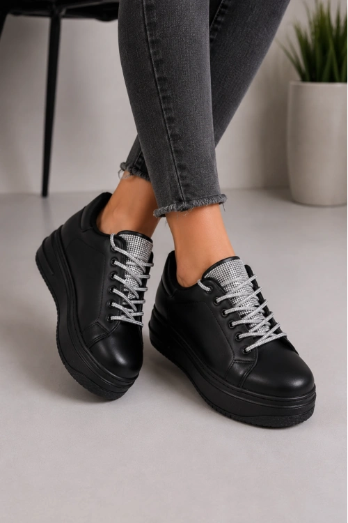 Luna Sim Detaylı Bağcıklı Kadın Günlük Sneaker Ayakkabı - Siyah
