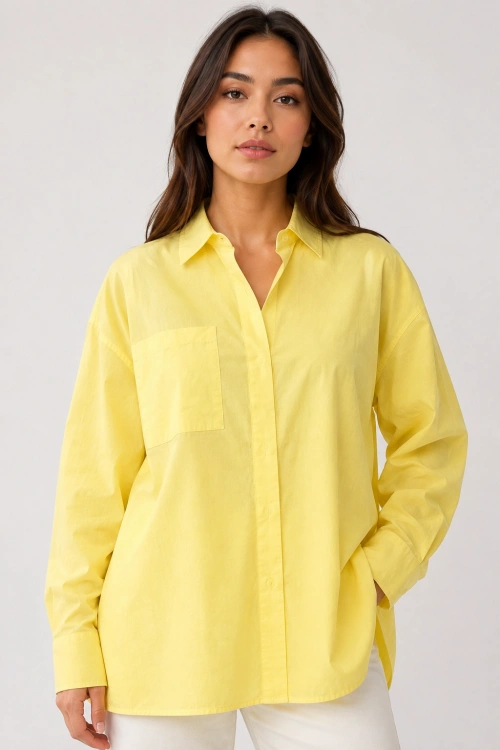 Menri Kadın Oversize Pensli Cepli Poplin Gömlek - Sarı