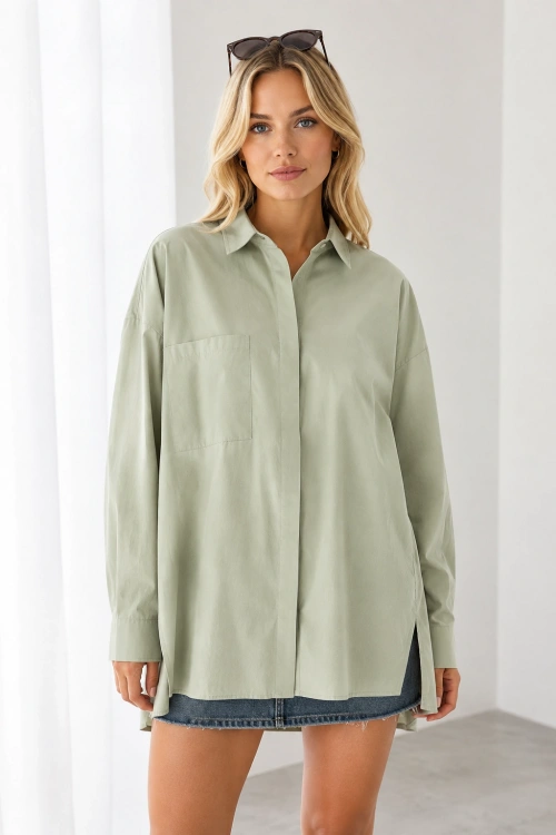 Menri Kadın Oversize Pensli Cepli Poplin Gömlek - Yeşil