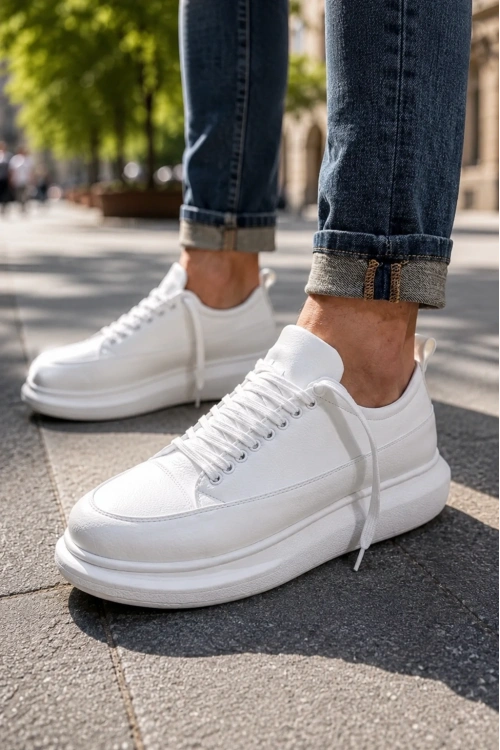 Meverk Cilt Erkek Sneaker Ayakkabı – Kalın Taban Günlük Beyaz