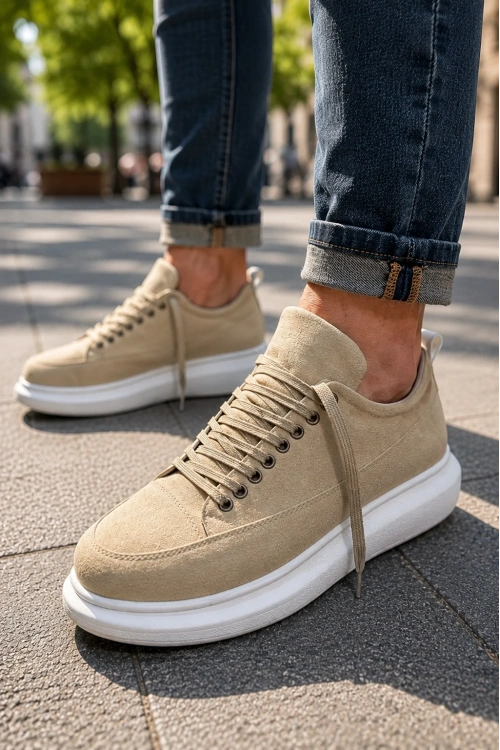 Meverk Süet Erkek Sneaker Ayakkabı – Kalın Taban Günlük Krem