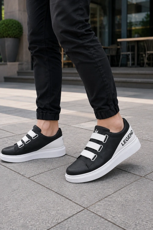 Mirox Erkek Bağcıksız 3 Bant Lastikli Günlük Sneaker Ayakkabı - Siyah Beyaz
