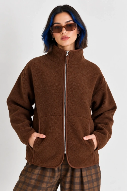 Oversize Dik Yaka Biyeli Fermuarlı Cepli Teddy Peluş Ceket- - Acı Kahve