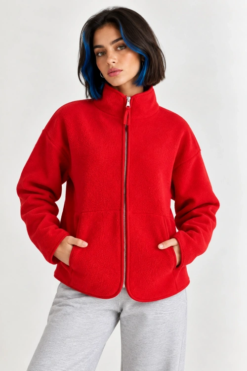 Oversize Dik Yaka Biyeli Fermuarlı Cepli Teddy Peluş Ceket- Kırmızı