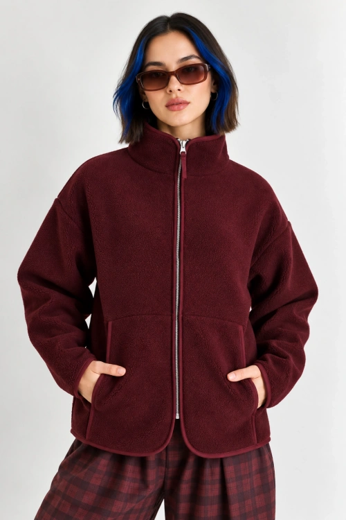 Oversize Dik Yaka Biyeli Fermuarlı Cepli Teddy Peluş Ceket- - Vişne
