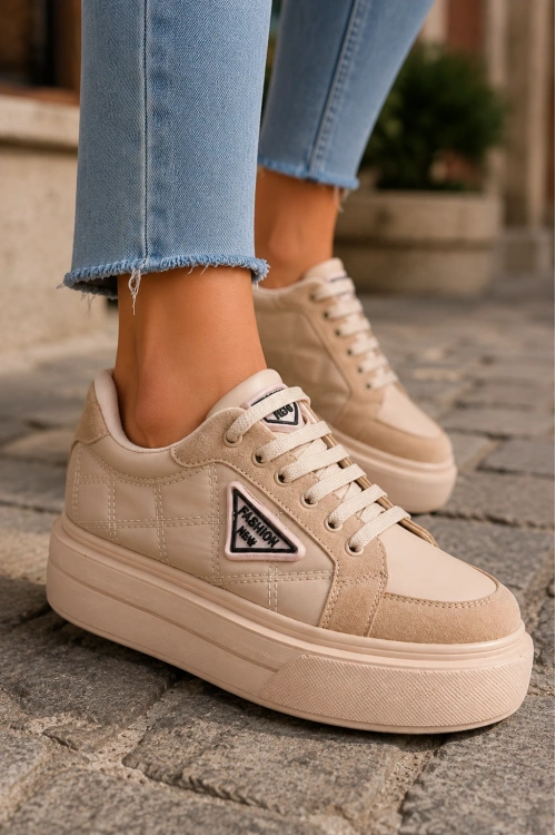 Pinter  Bağcıklı Ortopedik Taban Desenli Kadın Sneaker Spor Ayakkabı - Ten