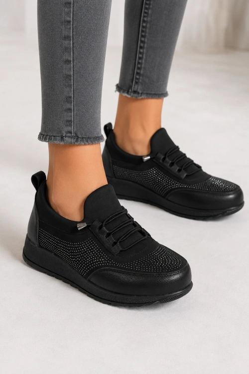 Sincere Rahat Taban Bağcıklı Taş Detaylı Kadın Sneaker Ayakkabı - Siyah