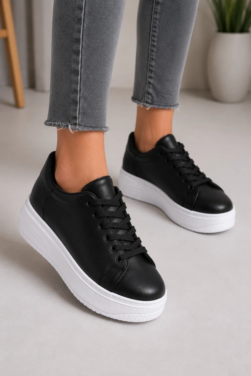 Sofia Bağcıklı Rahat Taban Kadın Casual Sneaker Ayakkabı - Siyah Beyaz