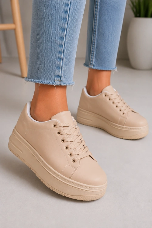 Sofia Bağcıklı Rahat Taban Kadın Casual Sneaker Ayakkabı - Ten