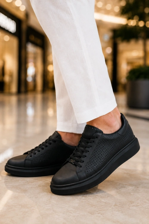 Tromto Bağcıklı Cilt Delikli Erkek Günlük Sneaker Ayakkabı - Siyah