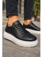ARES Bağcıklı Cilt Erkek Günlük Sneaker Yüksek Taban Ayakkabı - Siyah Beyaz