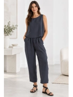 Beli Lastikli Modal Pantolon & Kalın Askılı Bluz Takımı - Füme