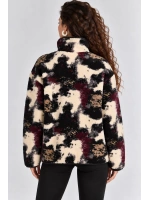 Desenli Dik Yaka Cepli Biyeli Kadın Polar Sweatshirt - Siyah-Antrasit