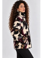 Desenli Dik Yaka Cepli Biyeli Kadın Polar Sweatshirt - Siyah-Antrasit