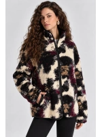 Desenli Dik Yaka Cepli Biyeli Kadın Polar Sweatshirt - Siyah-Antrasit