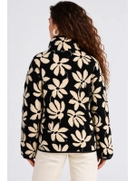 Desenli Dik Yaka Cepli Biyeli Kadın Polar Sweatshirt- Siyah-Krem