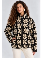Desenli Dik Yaka Cepli Biyeli Kadın Polar Sweatshirt- Siyah-Krem