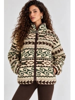 Desenli Dik Yaka Cepli Biyeli Kadın Polar Sweatshirt - Krem-Yeşil
