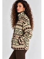 Desenli Dik Yaka Cepli Biyeli Kadın Polar Sweatshirt - Krem-Yeşil