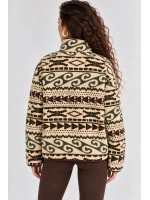 Desenli Dik Yaka Cepli Biyeli Kadın Polar Sweatshirt - Krem-Yeşil