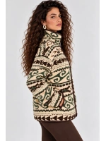 Desenli Dik Yaka Cepli Biyeli Kadın Polar Sweatshirt - Krem-Yeşil