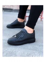 Tromto Bağcıklı Cilt Delikli Erkek Günlük Sneaker Ayakkabı - Siyah