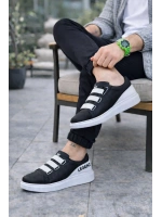 Mirox Erkek Bağcıksız 3 Bant Lastikli Günlük Sneaker Ayakkabı - Siyah Beyaz