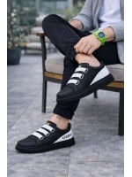 Mirox Erkek Bağcıksız 3 Bant Lastikli Günlük Sneaker Ayakkabı - Siyah Beyaz