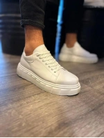 ARES Bağcıklı Cilt Erkek Günlük Sneaker Yüksek Taban Ayakkabı - Beyaz