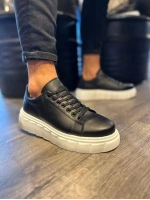 ARES Bağcıklı Cilt Erkek Günlük Sneaker Yüksek Taban Ayakkabı - Siyah Beyaz