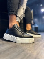 ARES Bağcıklı Cilt Erkek Günlük Sneaker Yüksek Taban Ayakkabı - Siyah Beyaz