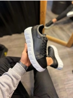 ARES Bağcıklı Cilt Erkek Günlük Sneaker Yüksek Taban Ayakkabı - Siyah Beyaz